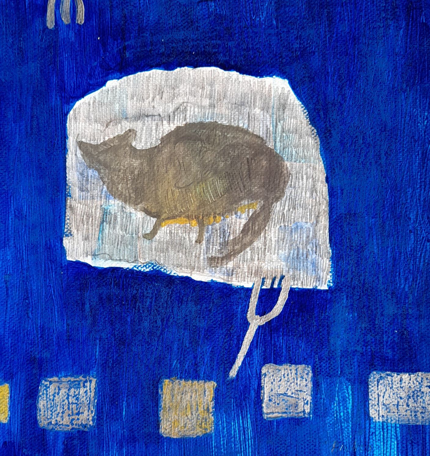 Blue cat, 25 x 27,5 cm, mixed media