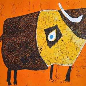 Bull,58x53cm, linocut, 2020 year
