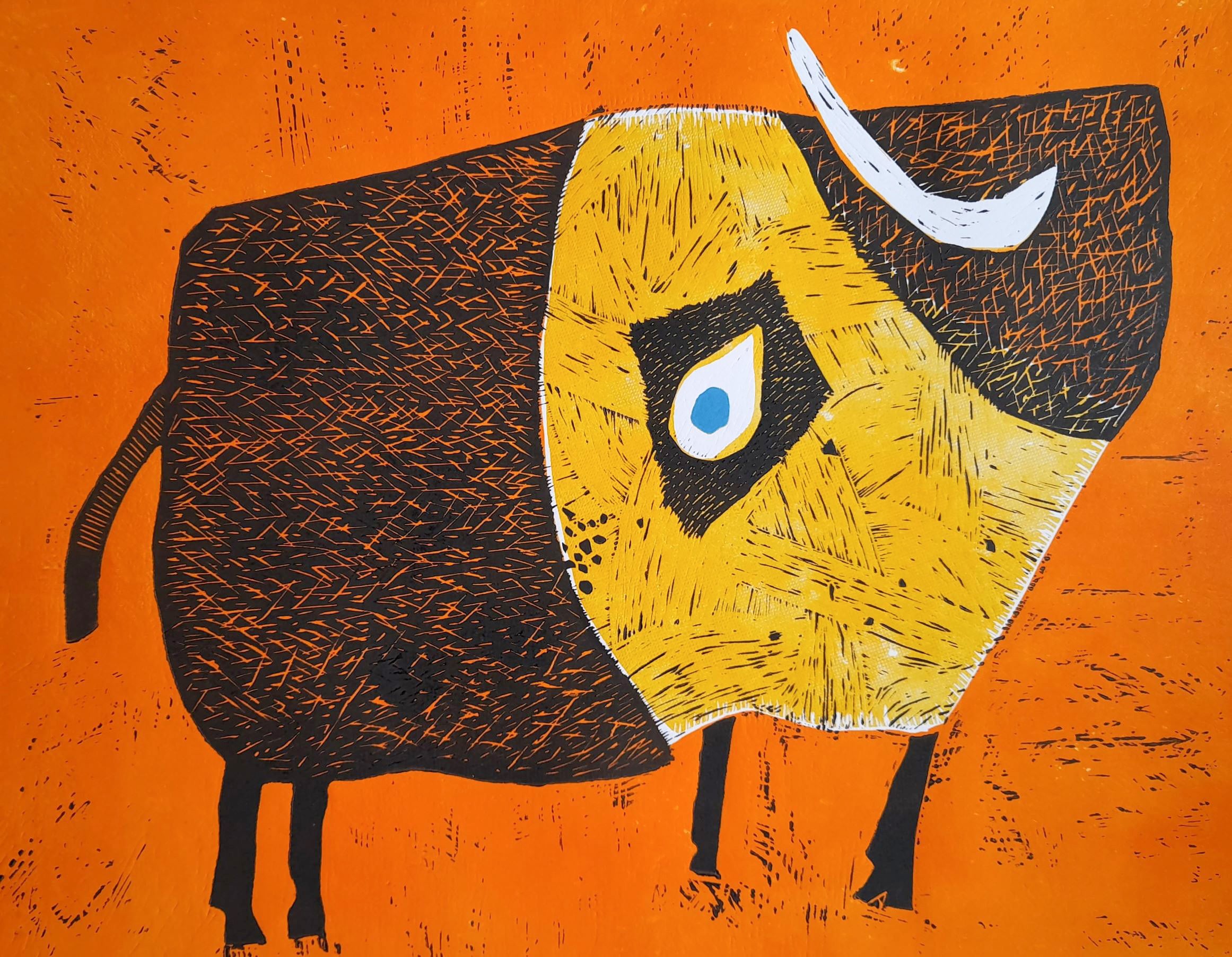 Bull,58x53cm, linocut, 2020 year