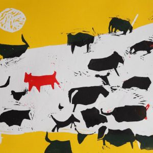 Herd and red dog,38x31cm, linocut,2021year