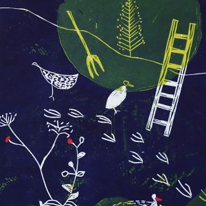 Hike to the Moon, linocut, 50x35cm, 2021 year